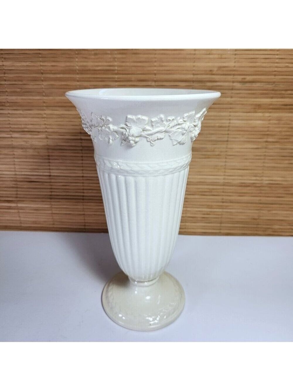 Antique Wedgwood Trumpet Vase 1922 Embossed Queens Ware Cream on Cream 8.5 In